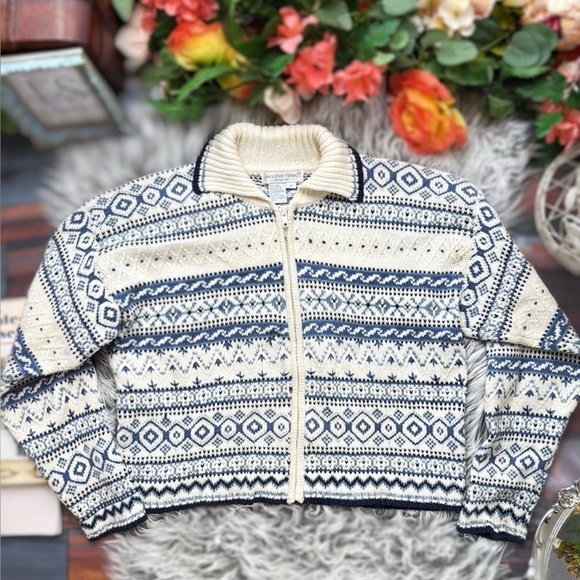 Vintage Jennifer Reed Blue and Cream Nordic Fair Isle Patterned Zip Up Sweater - Picture 1 of 7